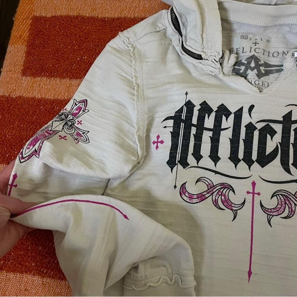 Affliction White Hoodie Pullover Lightweight Pink Angel Wings XS - Picture 5 of 6